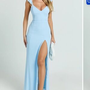 SHOWPO MORE THAN THIS MIDI DRESS - RUFFLE STRAP THIGH SPLIT DRESS IN LIGHT BLUE